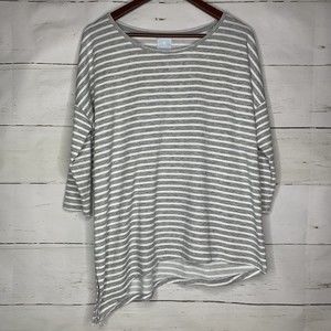 Dress Barn Sunday LARGE Top Shirt Gray White Stripes 3/4 Sleeves Asymmetrical